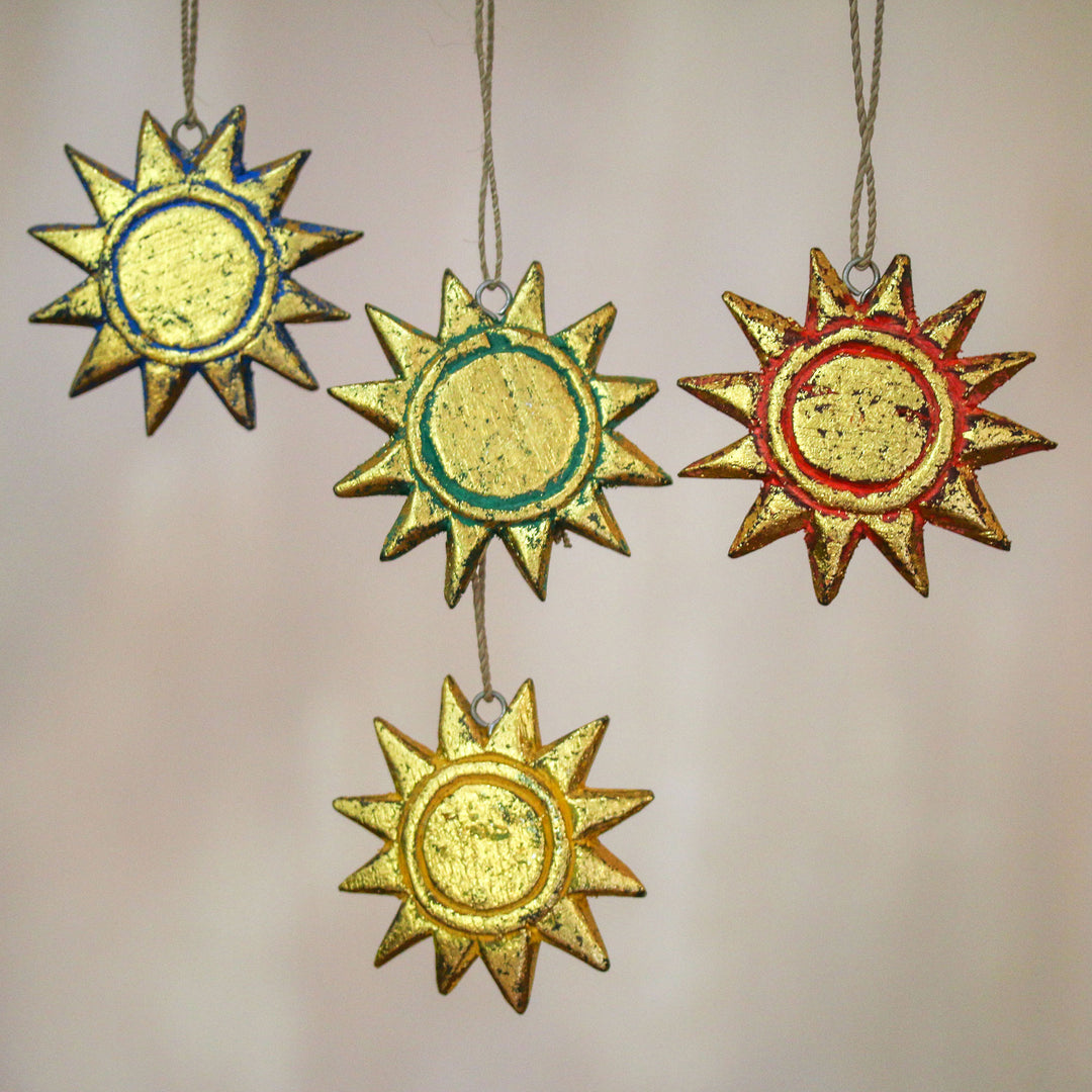 Four Gold Tone Albesia Wood Sun Ornaments from Bali - Sunny Holiday