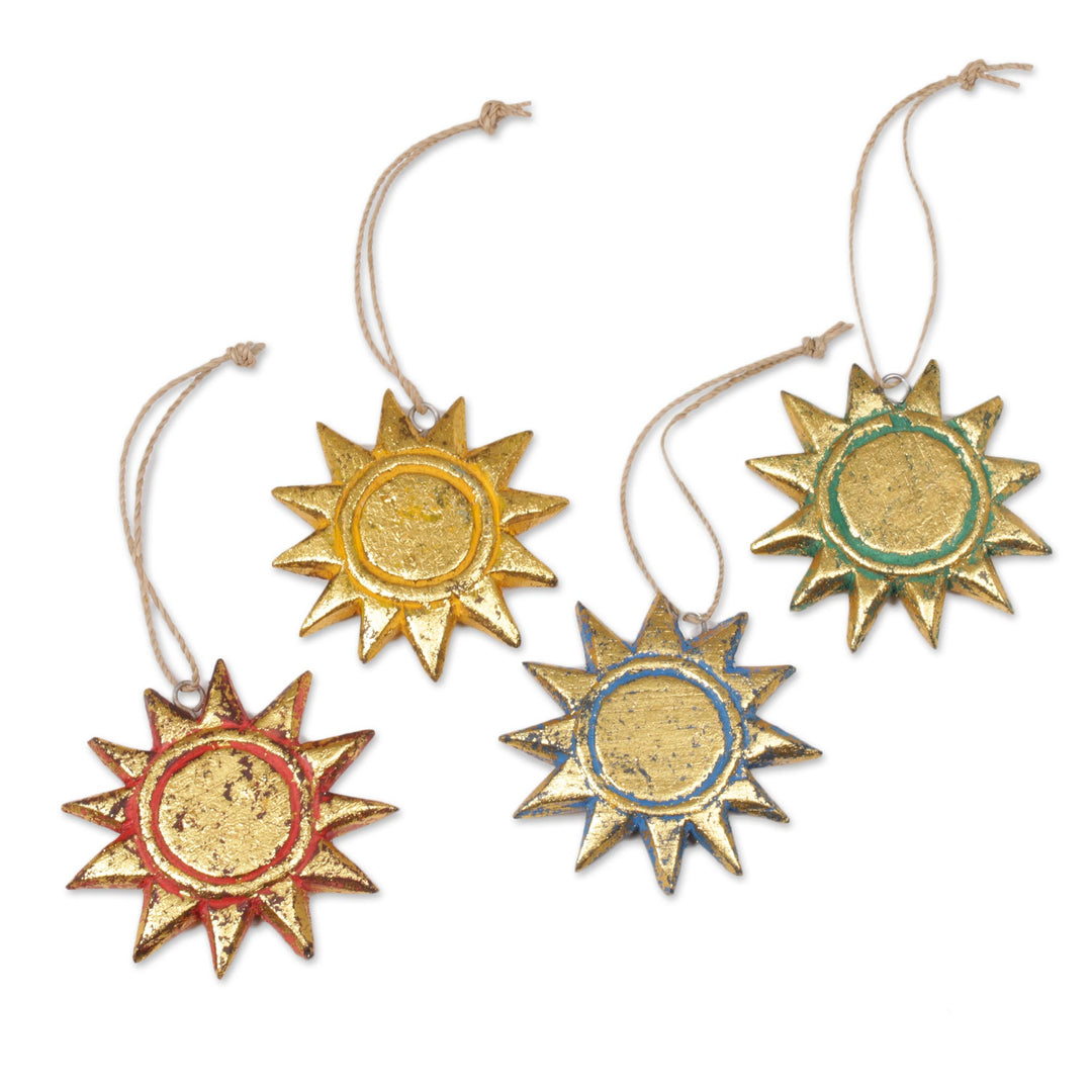 Four Gold Tone Albesia Wood Sun Ornaments from Bali - Sunny Holiday