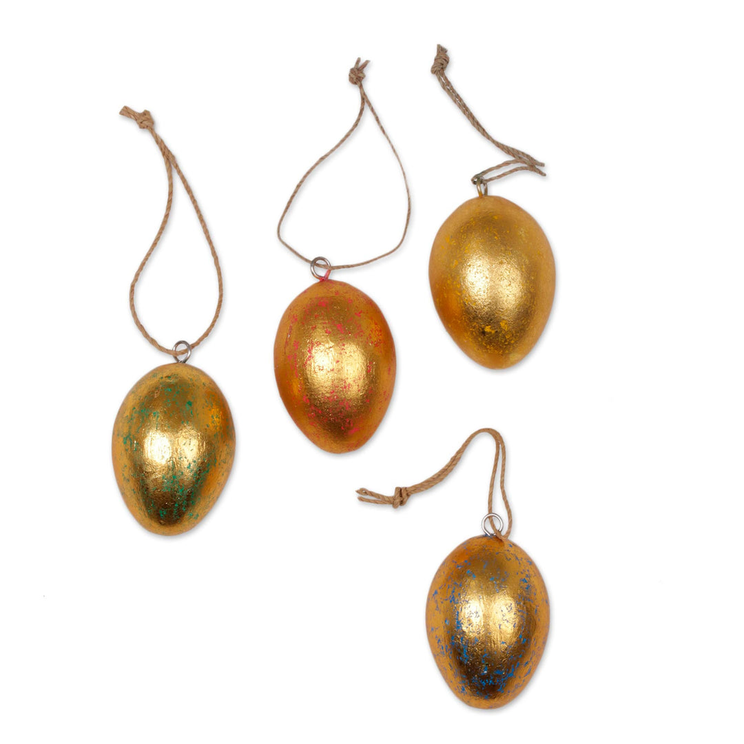Four Gold Tone Albesia Wood Egg Shaped Ornaments from Bali - Golden Eggs