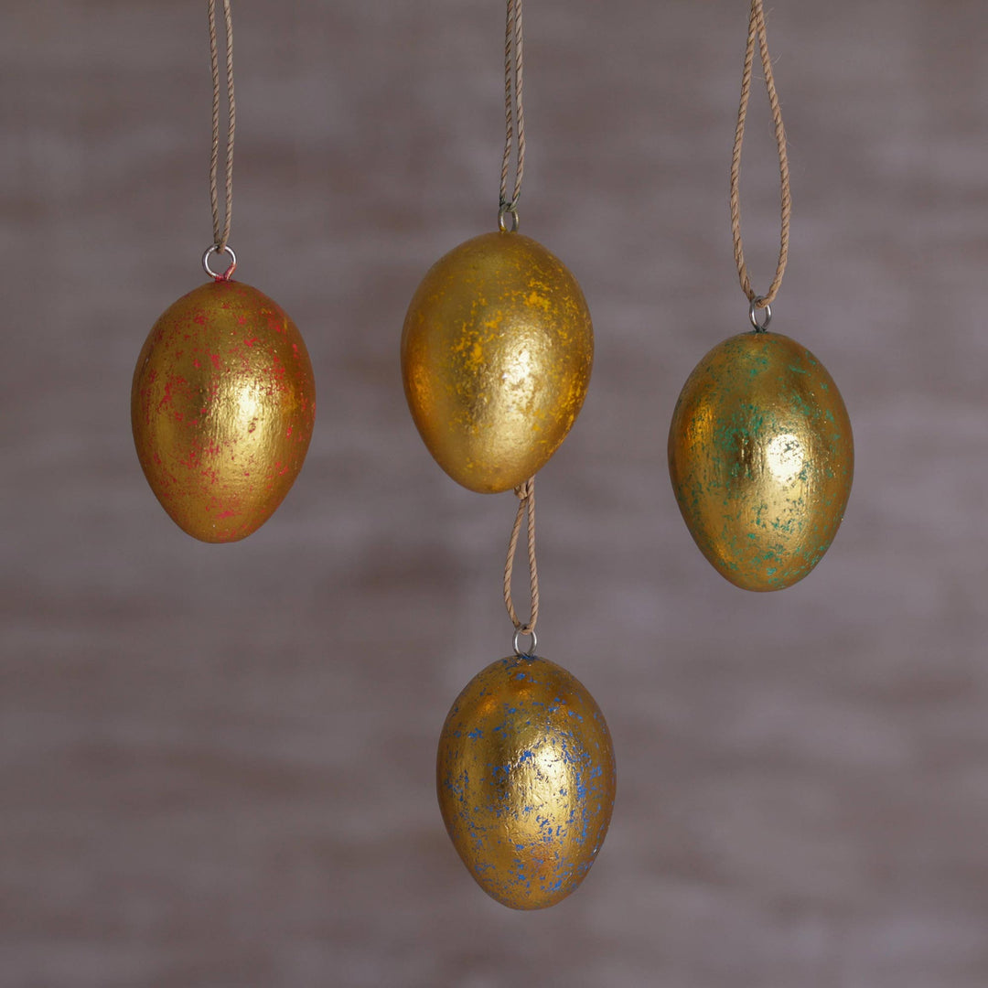 Four Gold Tone Albesia Wood Egg Shaped Ornaments from Bali - Golden Eggs
