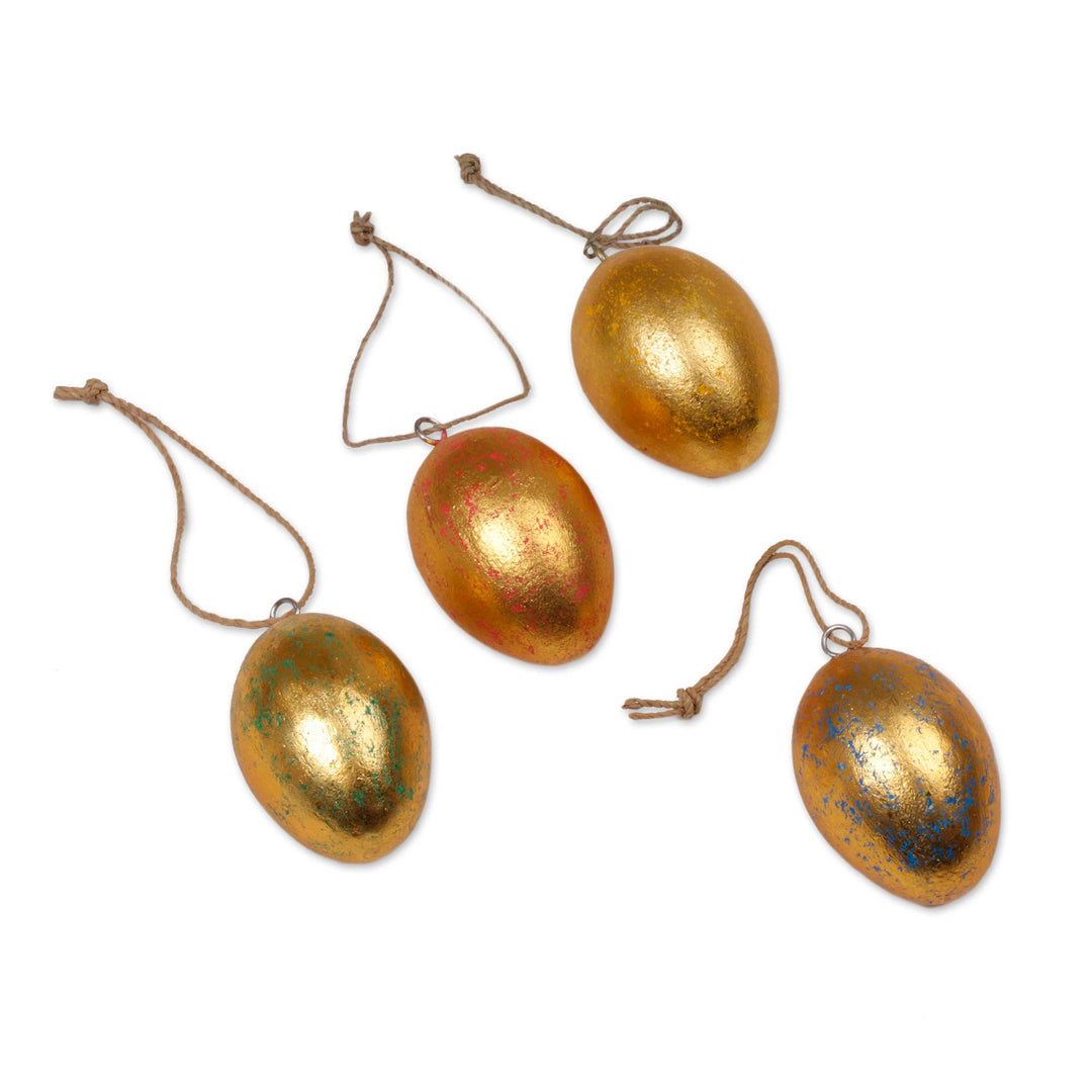 Four Gold Tone Albesia Wood Egg Shaped Ornaments from Bali - Golden Eggs