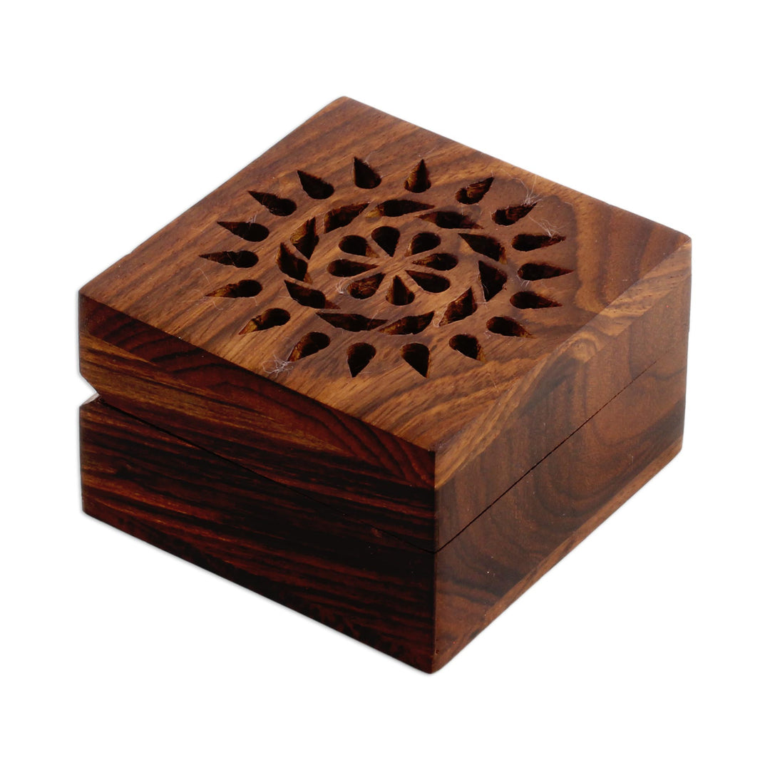 Hand Carved Decorative Mango Wood Box from India - Glorious Flower