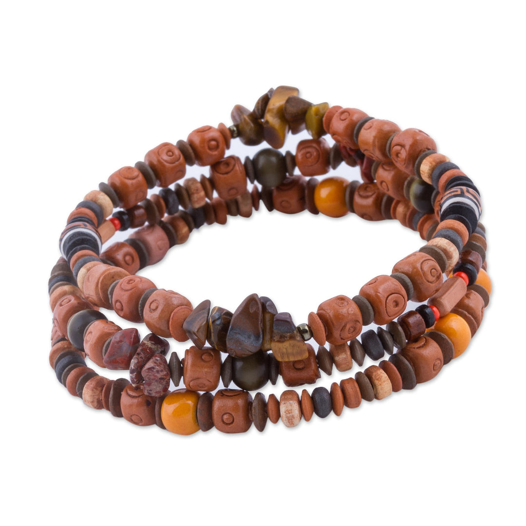 Set of 3 Tiger's Eye and Ceramic Beaded Bracelets from Peru - Andean Temples
