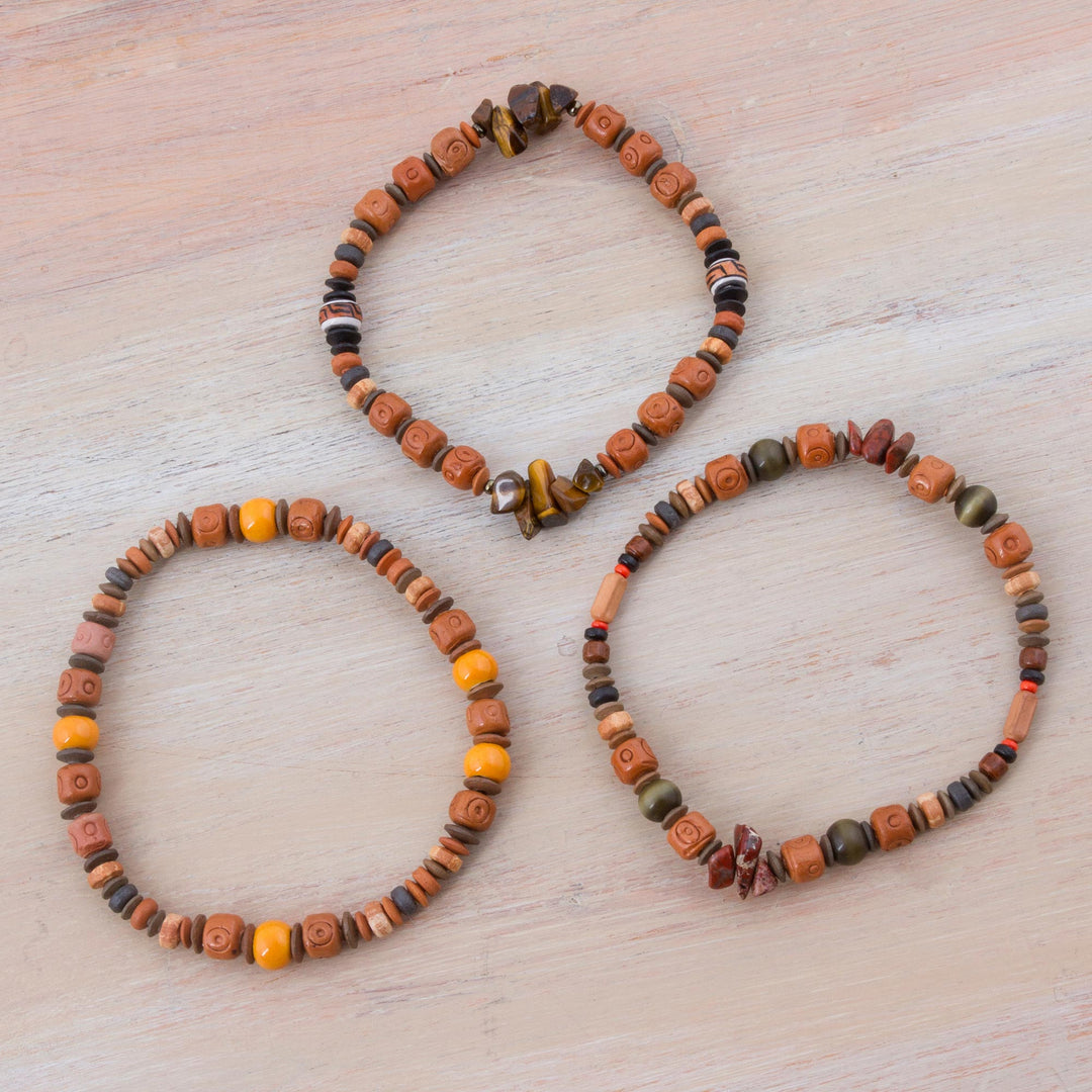 Set of 3 Tiger's Eye and Ceramic Beaded Bracelets from Peru - Andean Temples