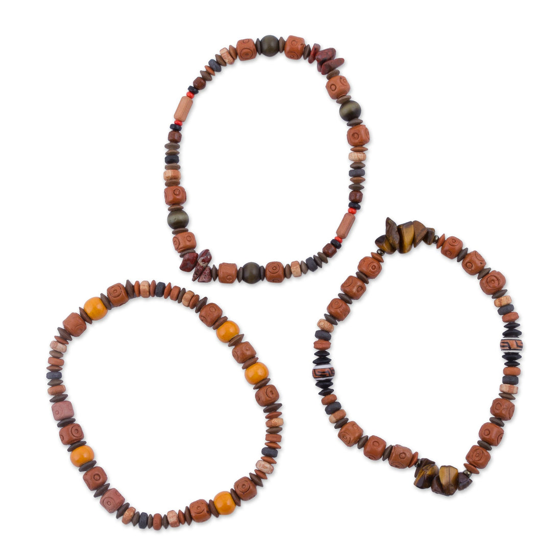 Set of 3 Tiger's Eye and Ceramic Beaded Bracelets from Peru - Andean Temples
