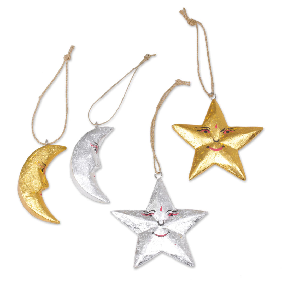 Four Moon and Star Albesia Wood Ornaments from Bali - Stellar Holiday