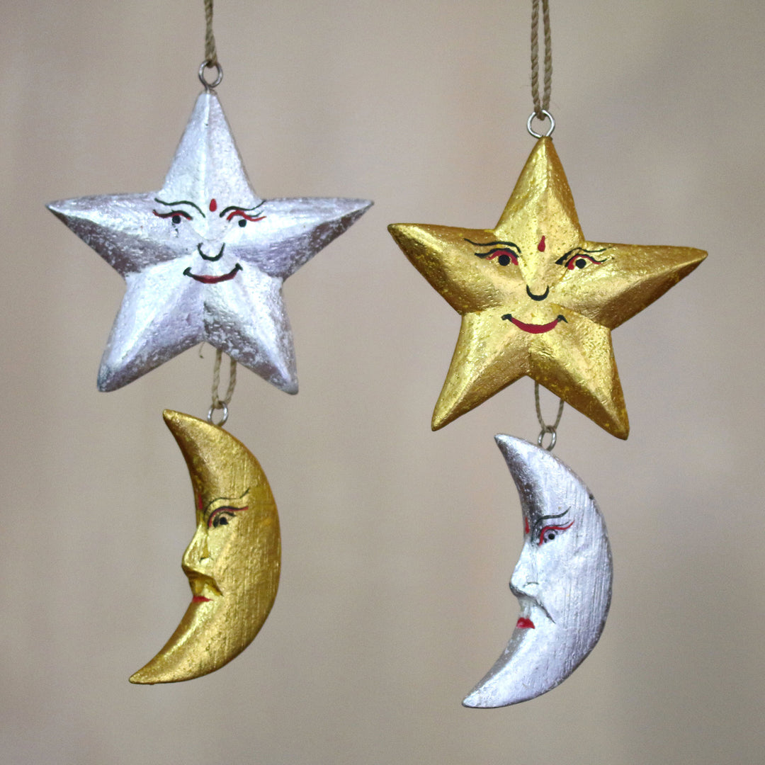 Four Moon and Star Albesia Wood Ornaments from Bali - Stellar Holiday