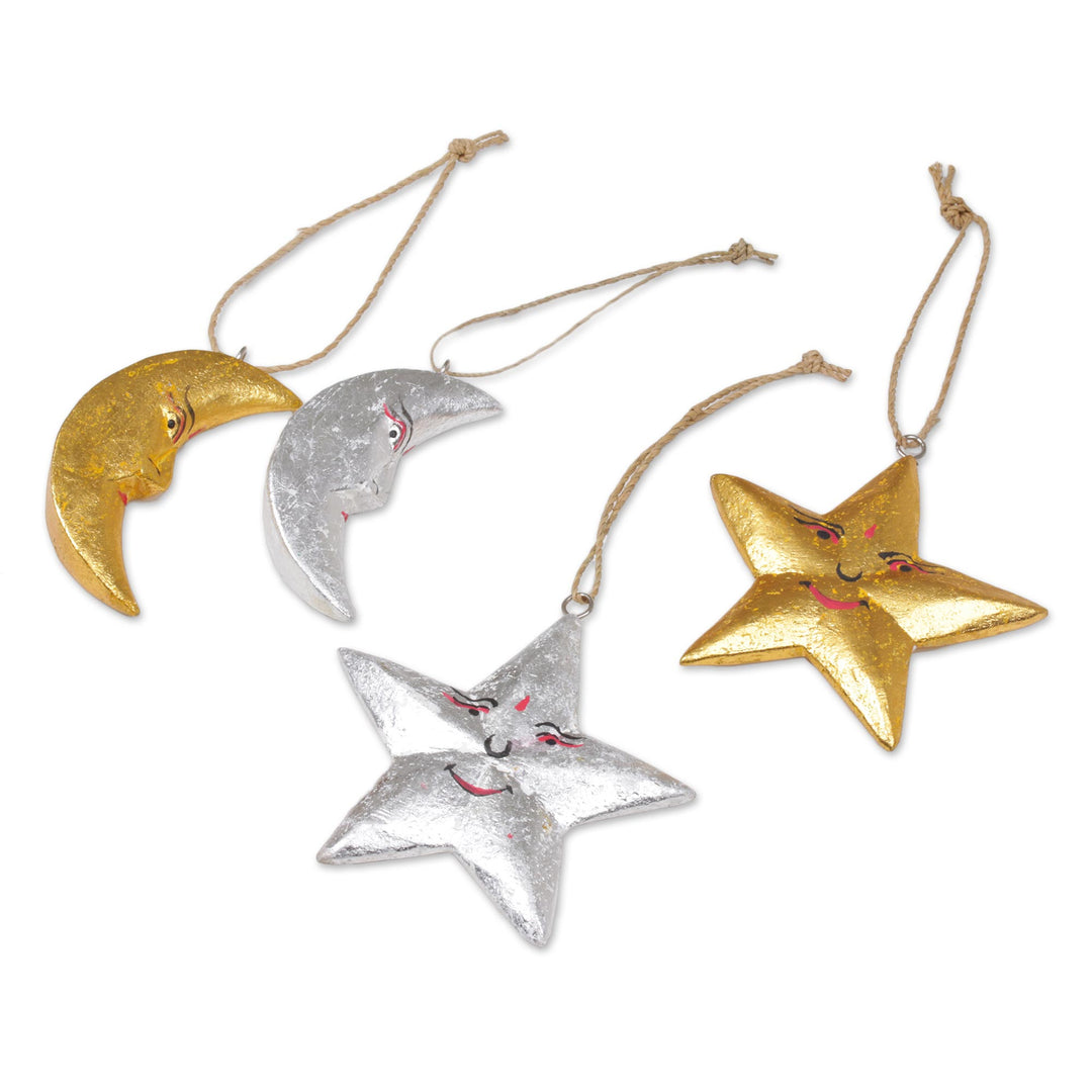 Four Moon and Star Albesia Wood Ornaments from Bali - Stellar Holiday