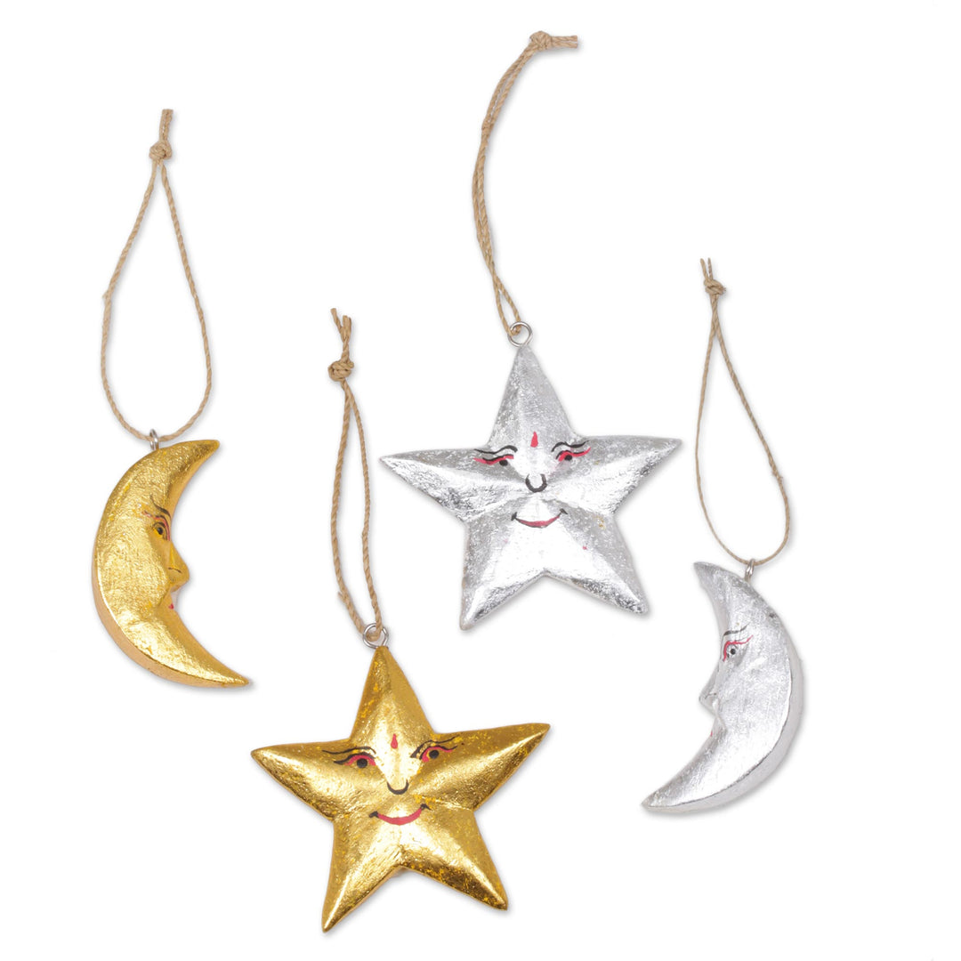 Four Moon and Star Albesia Wood Ornaments from Bali - Stellar Holiday