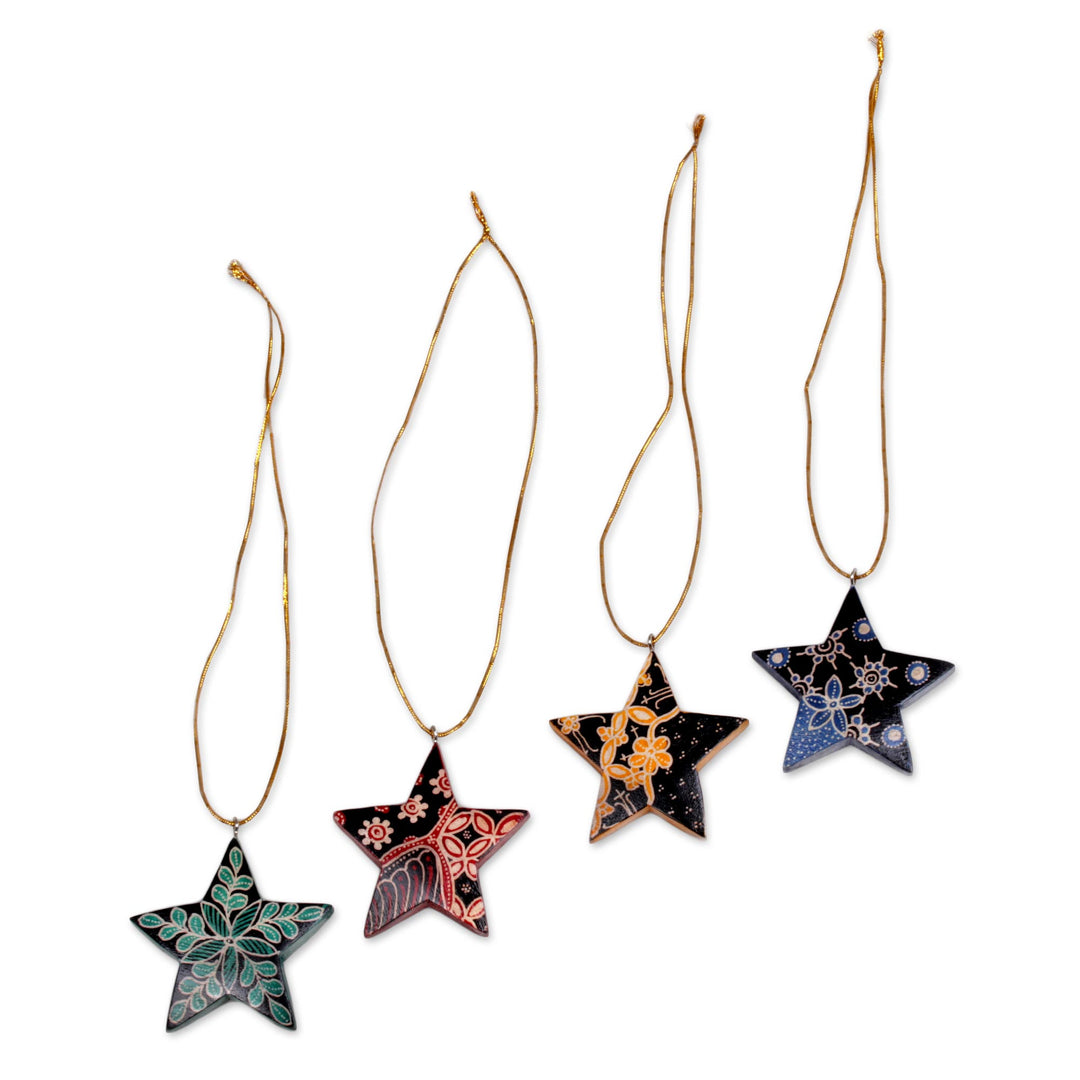 Four Batik Wood Star Ornaments by Balinese Artisans - Bali Stars