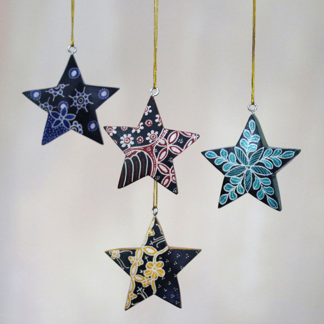 Four Batik Wood Star Ornaments by Balinese Artisans - Bali Stars
