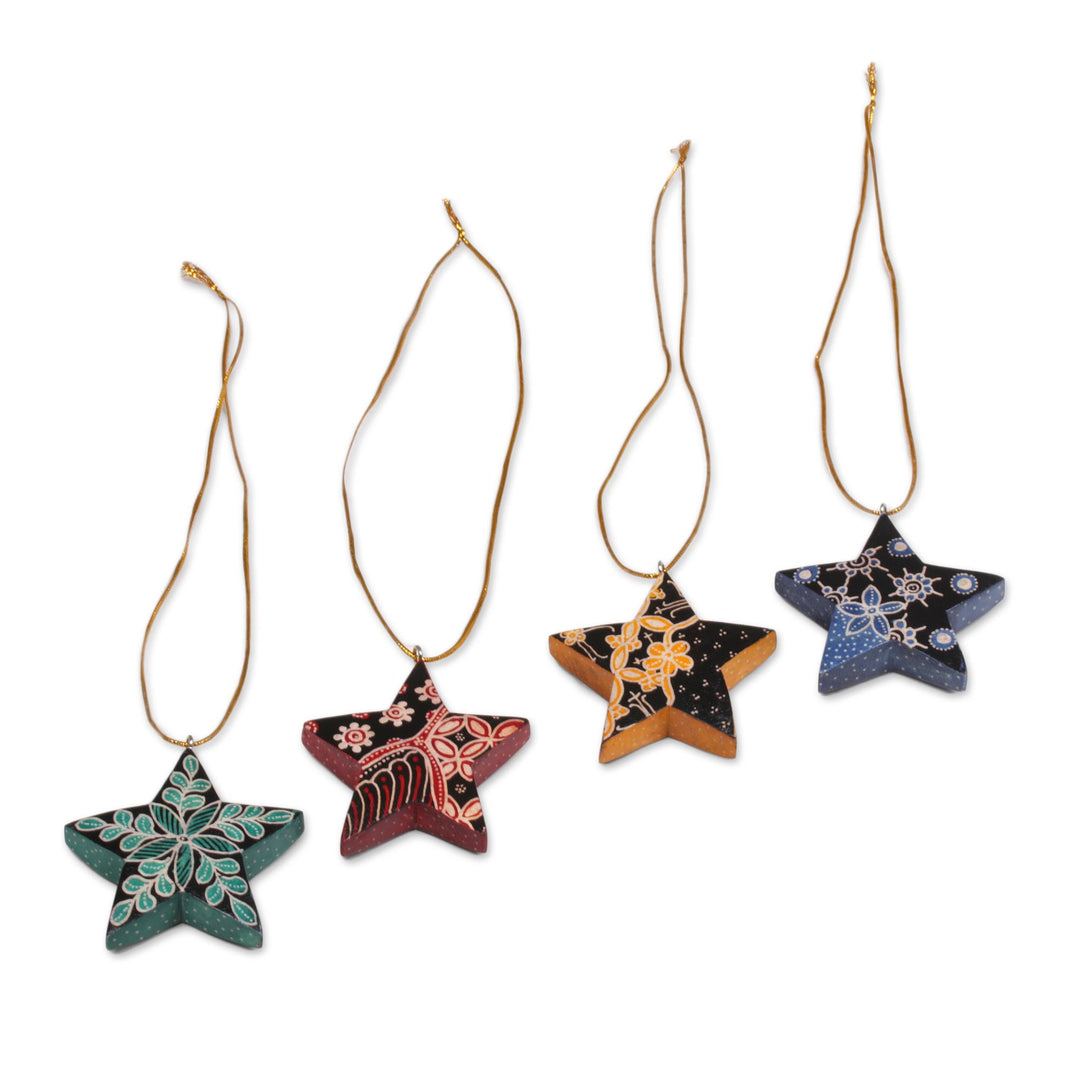Four Batik Wood Star Ornaments by Balinese Artisans - Bali Stars