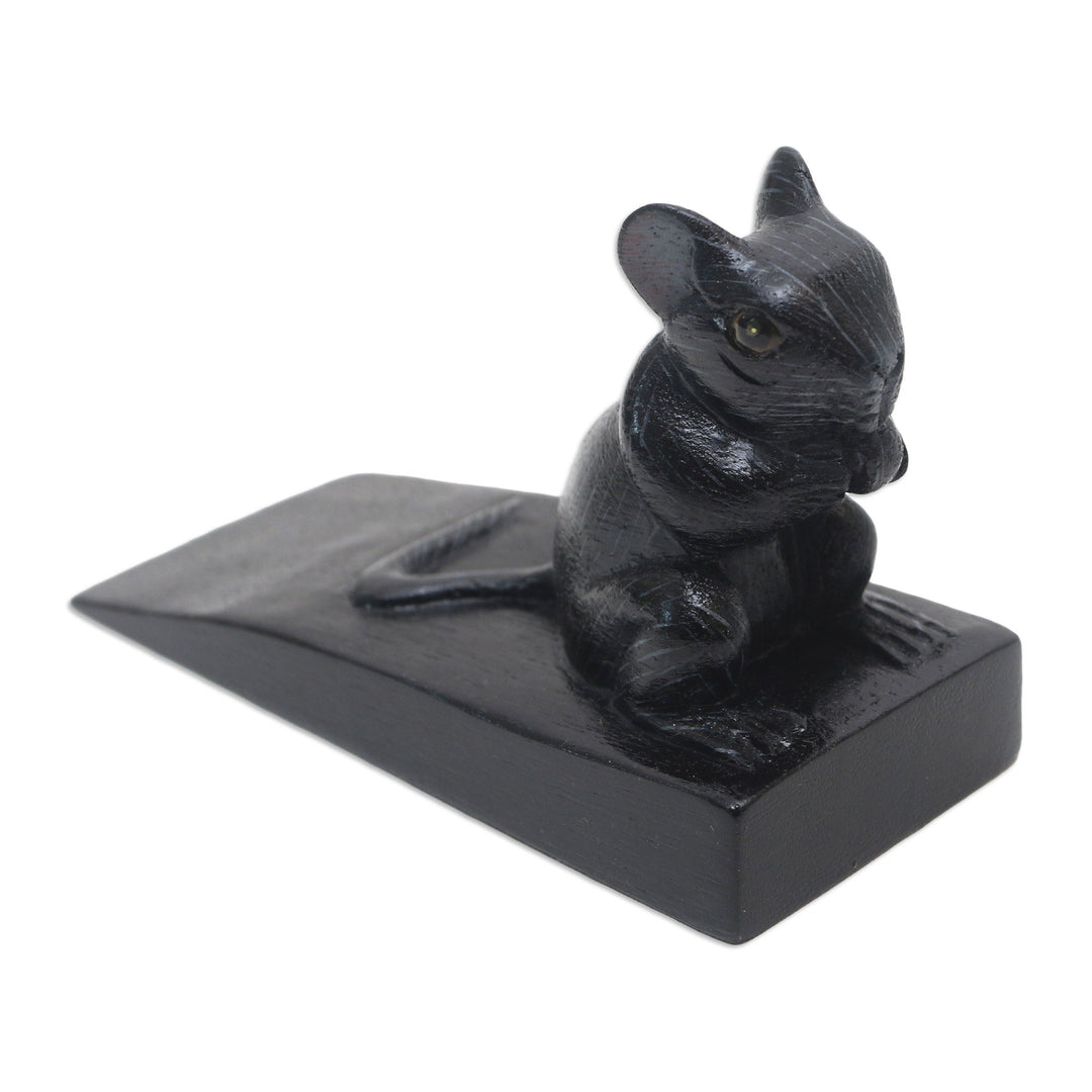 Hand Carved Suar Wood Mouse Door Stopper in Black from Bali - Charming Mouse in Black