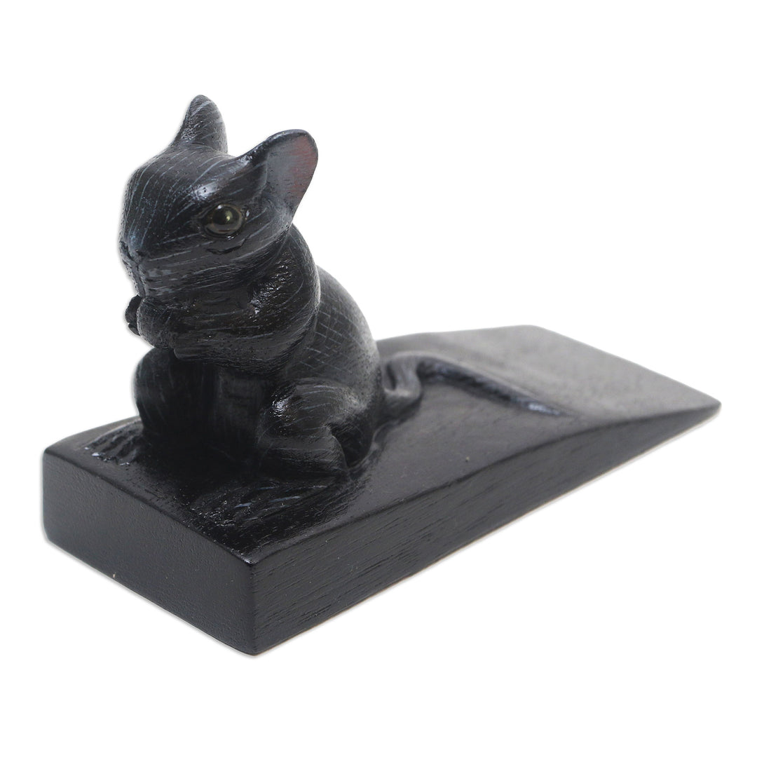 Hand Carved Suar Wood Mouse Door Stopper in Black from Bali - Charming Mouse in Black