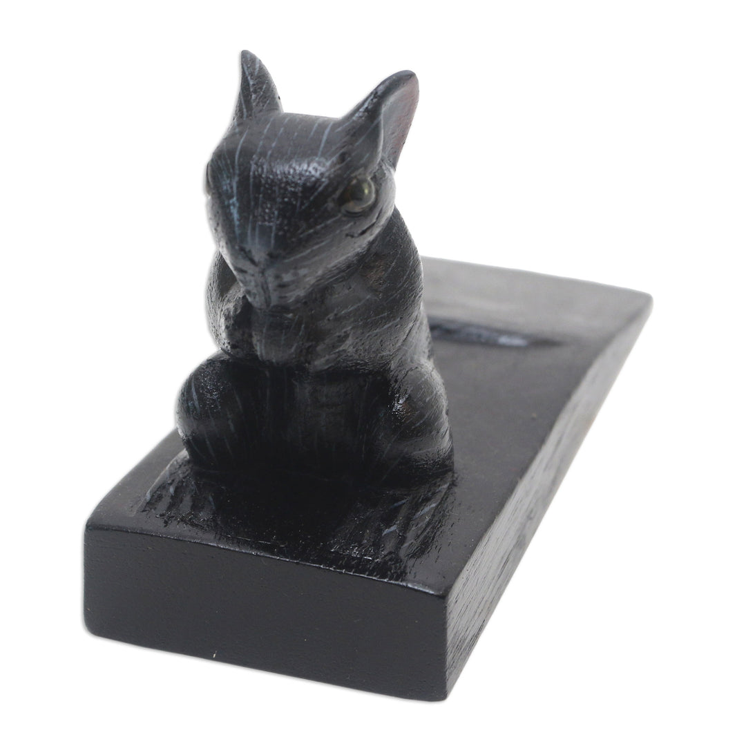 Hand Carved Suar Wood Mouse Door Stopper in Black from Bali - Charming Mouse in Black