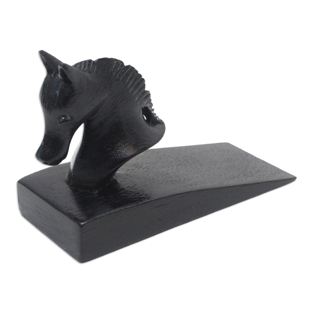 Hand Carved Suar Wood Horse Door Stopper in Black from Bali - Handy Horse in Black