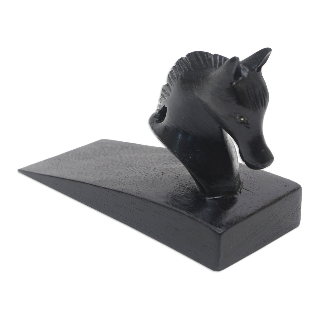 Hand Carved Suar Wood Horse Door Stopper in Black from Bali - Handy Horse in Black