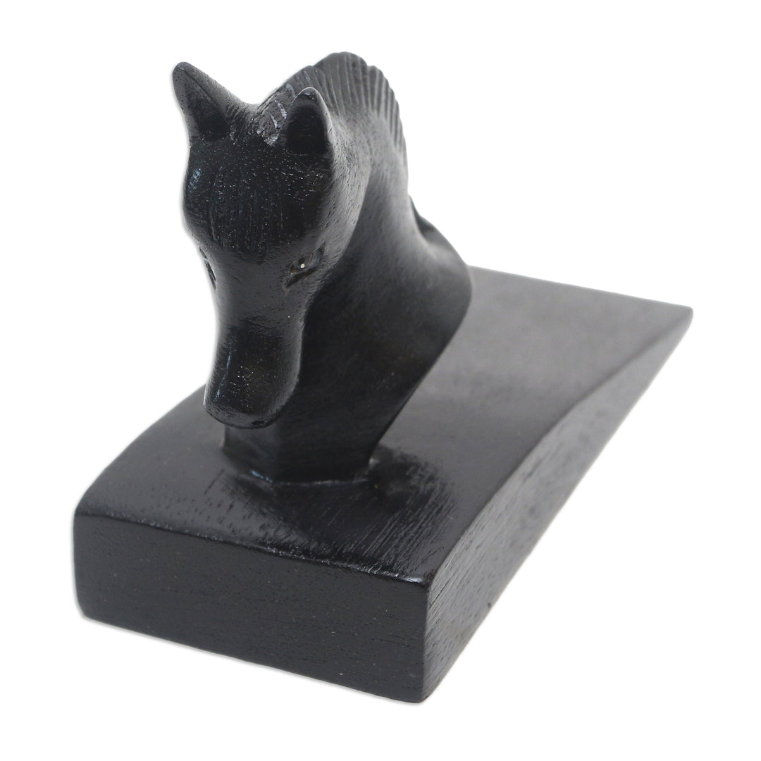 Hand Carved Suar Wood Horse Door Stopper in Black from Bali - Handy Horse in Black