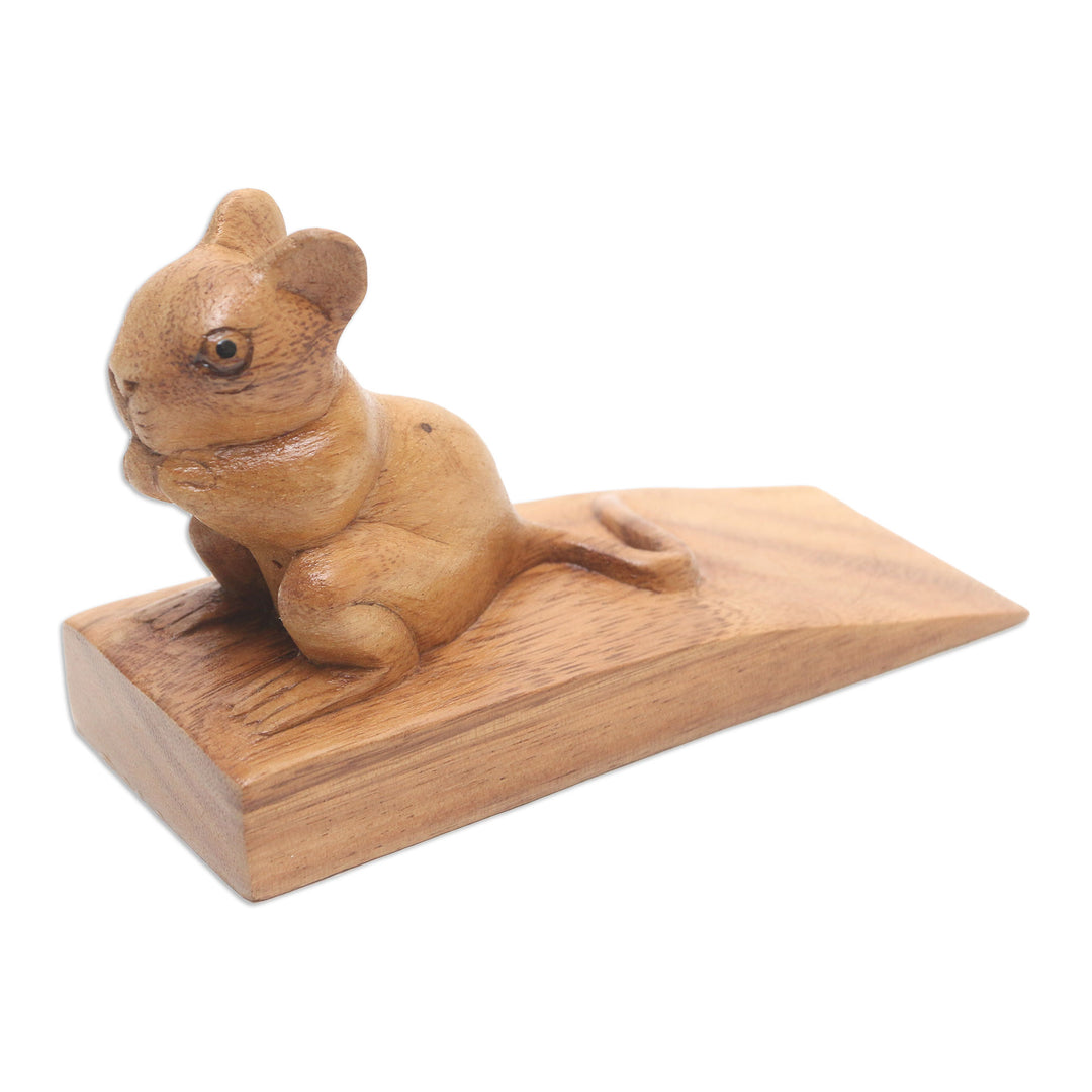 Hand Carved Suar Wood Mouse Door Stopper in Brown from Bali - Charming Mouse in Brown