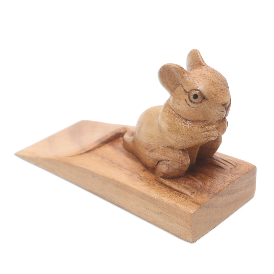 Hand Carved Suar Wood Mouse Door Stopper in Brown from Bali - Charming Mouse in Brown