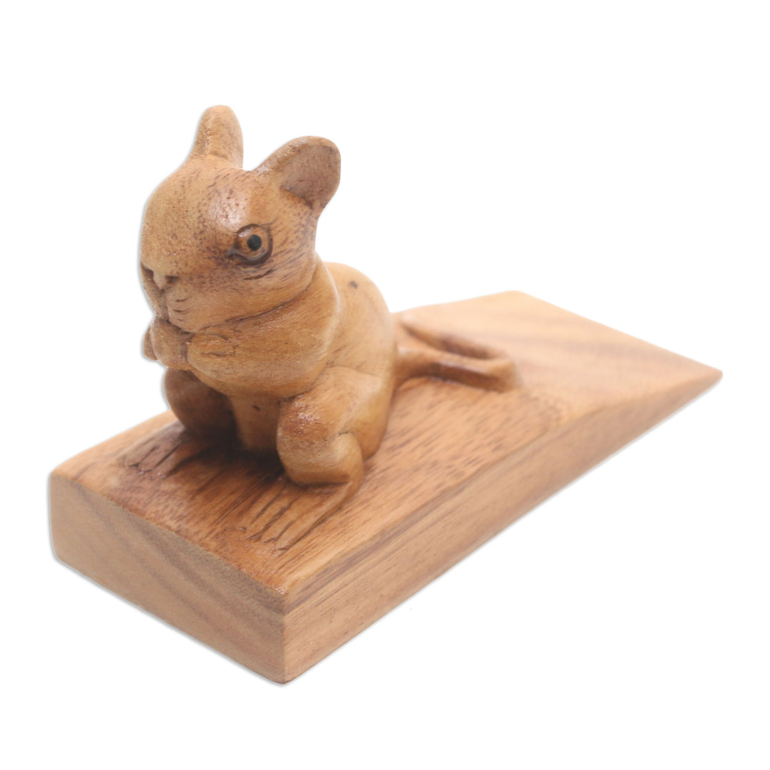 Hand Carved Suar Wood Mouse Door Stopper in Brown from Bali - Charming Mouse in Brown
