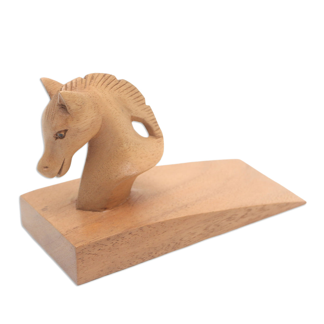 Hand Carved Suar Wood Horse Door Stopper in Brown from Bali - Handy Horse in Brown