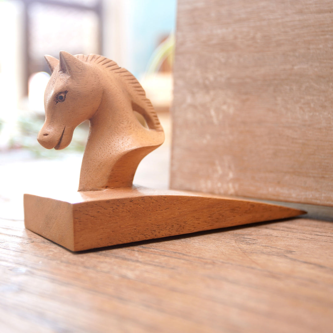 Hand Carved Suar Wood Horse Door Stopper in Brown from Bali - Handy Horse in Brown
