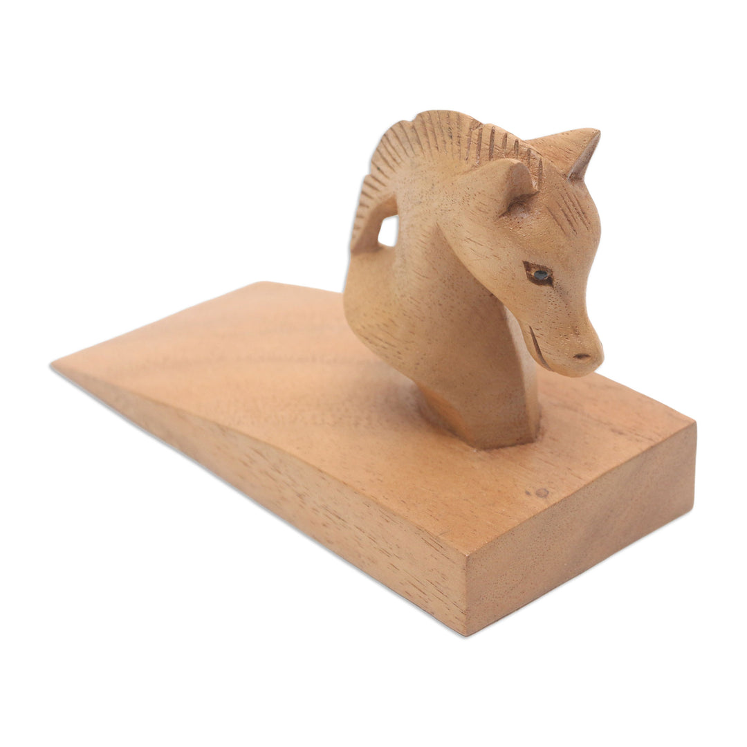 Hand Carved Suar Wood Horse Door Stopper in Brown from Bali - Handy Horse in Brown