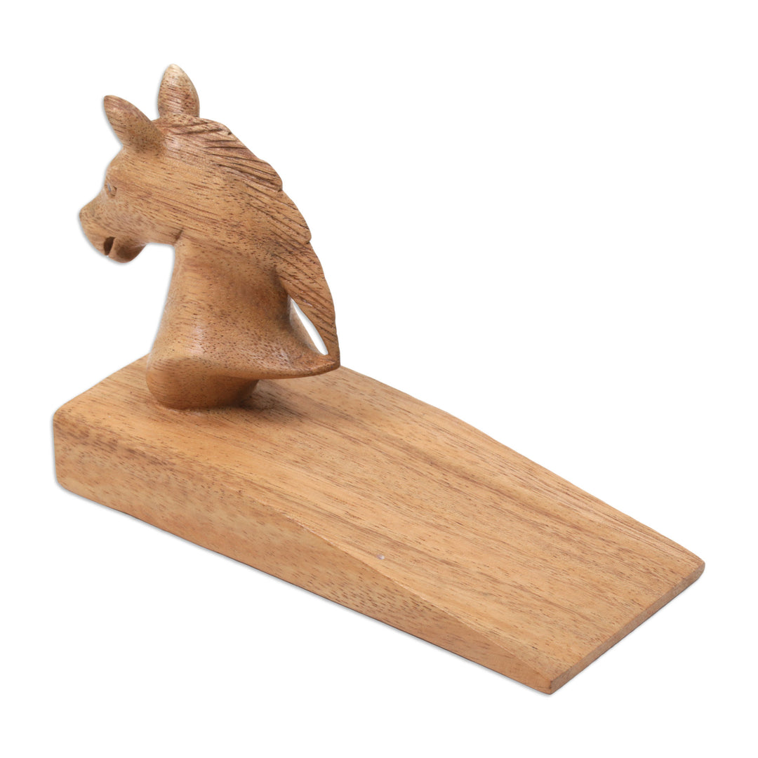 Hand Carved Suar Wood Horse Door Stopper in Brown from Bali - Handy Horse in Brown