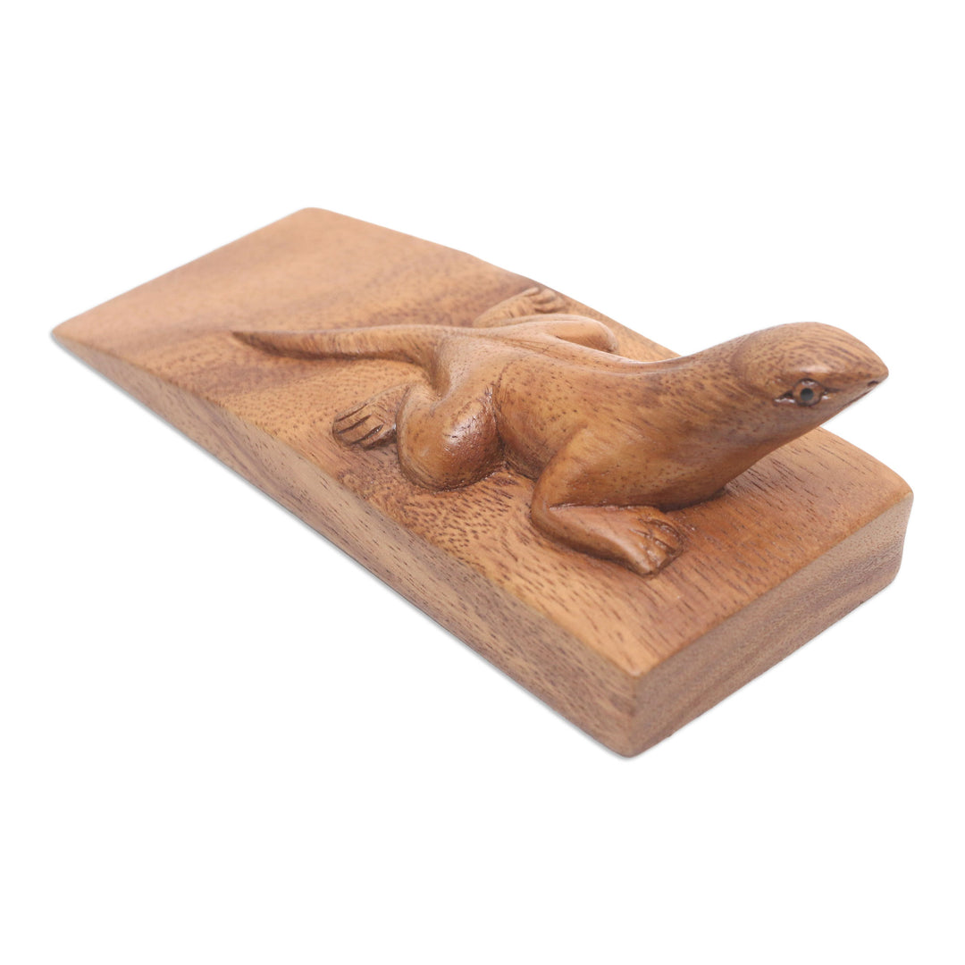 Hand Carved Suar Wood Lizard Door Stopper in Brown from Bali - Handy Gecko in Brown