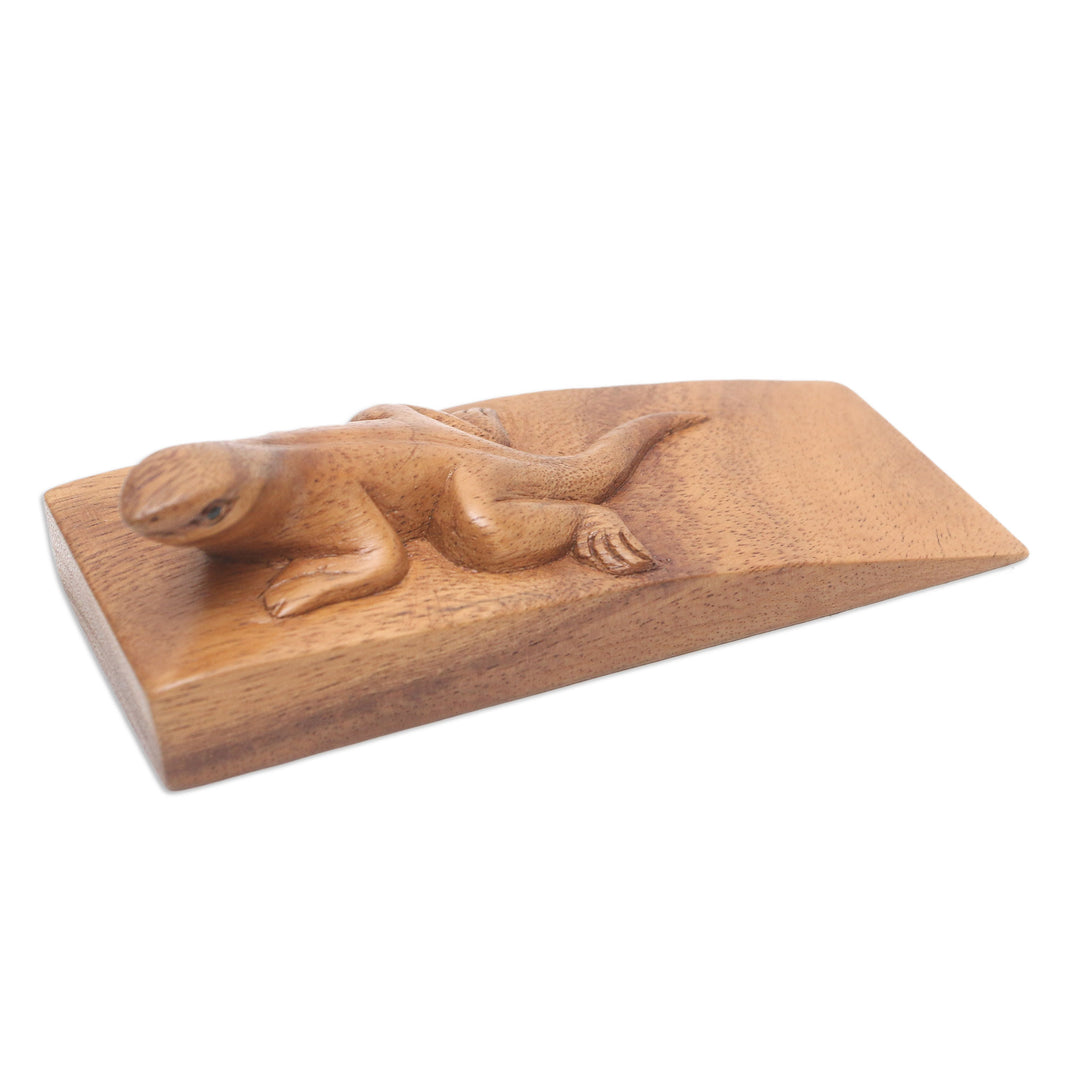 Hand Carved Suar Wood Lizard Door Stopper in Brown from Bali - Handy Gecko in Brown