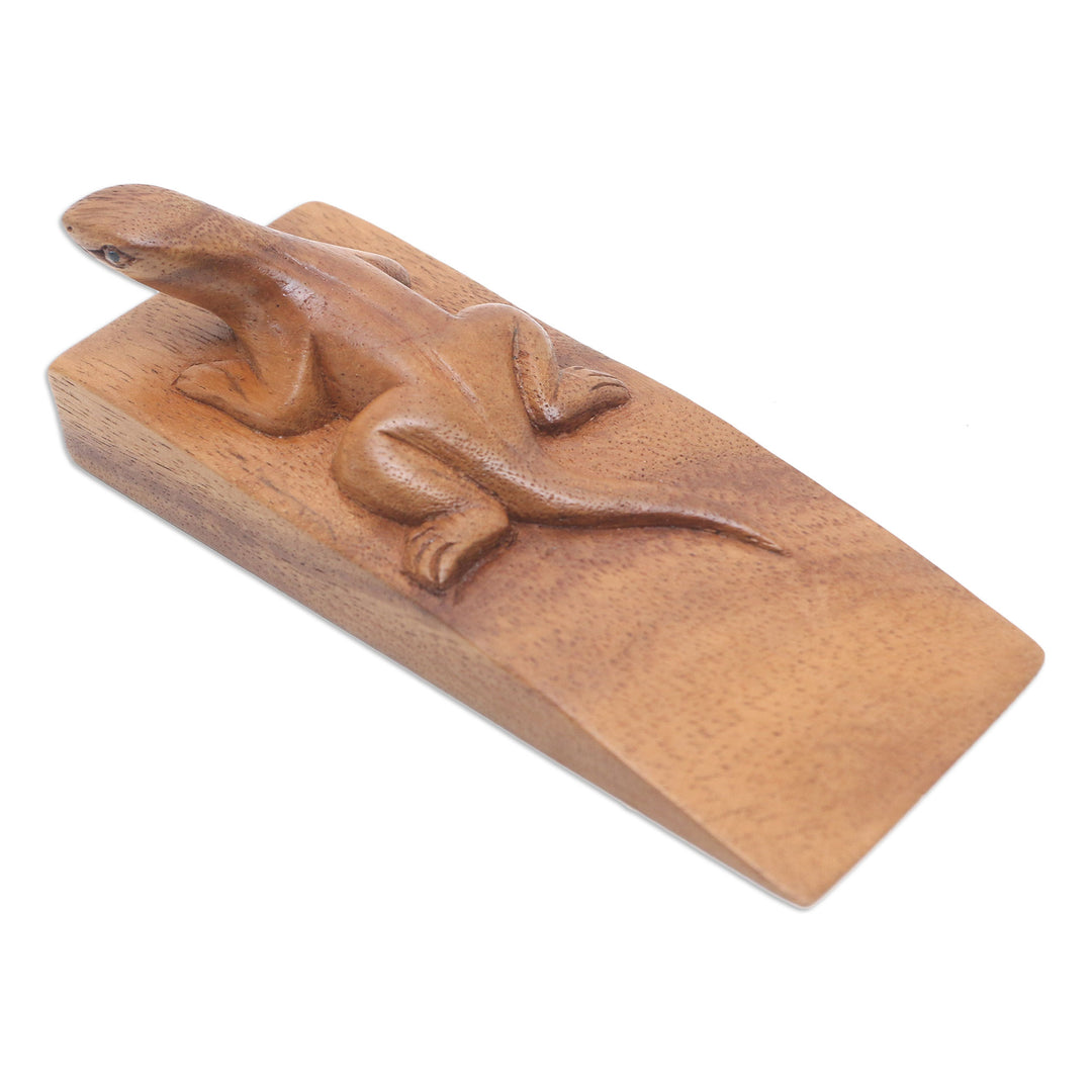 Hand Carved Suar Wood Lizard Door Stopper in Brown from Bali - Handy Gecko in Brown