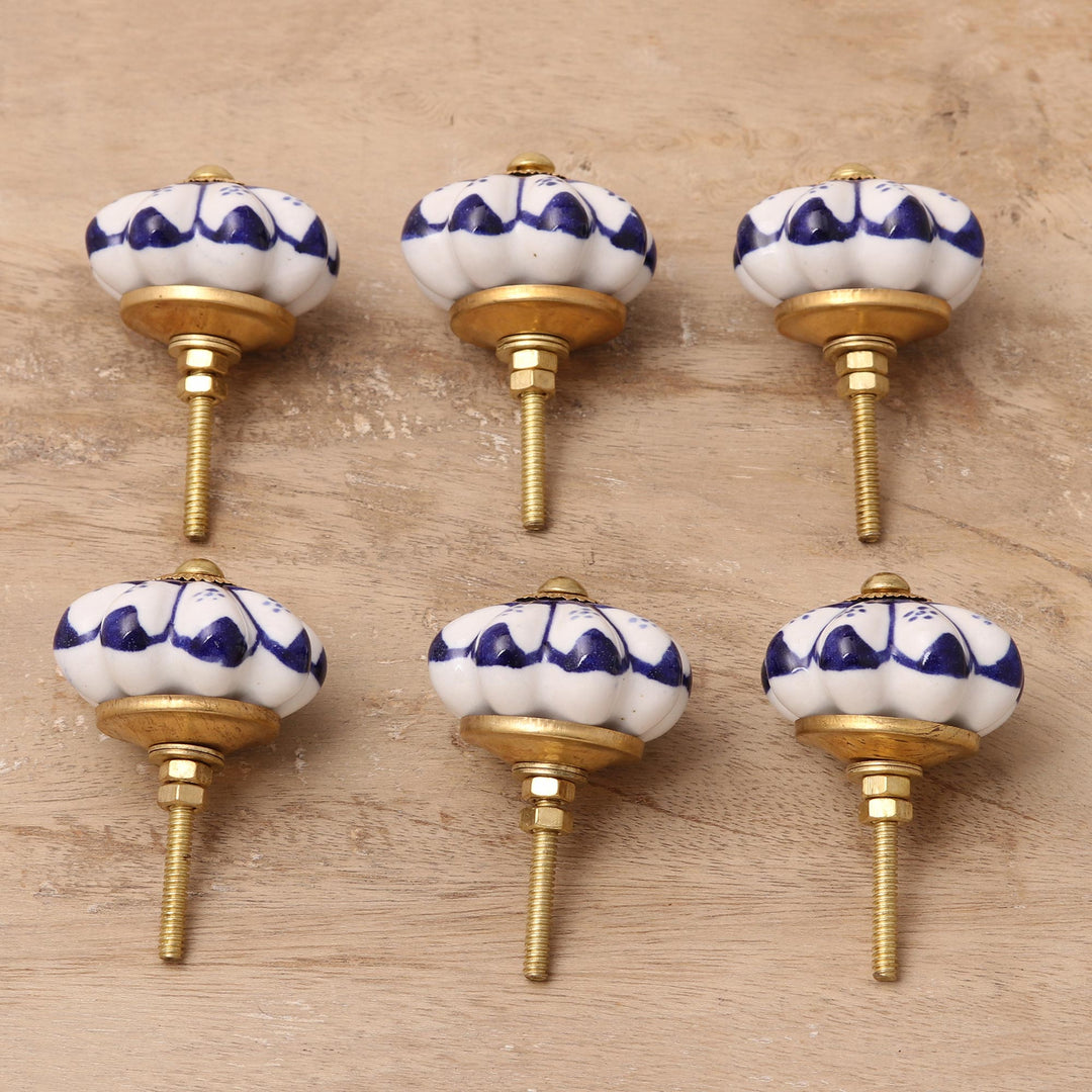Six Ceramic Floral Knobs in Blue and White from India - Lapis Flowers