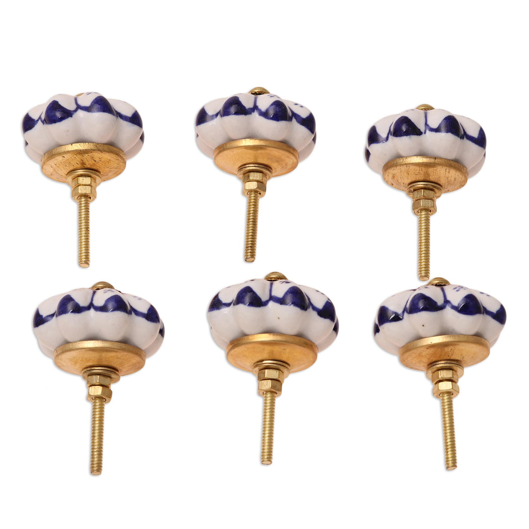 Six Ceramic Floral Knobs in Blue and White from India - Lapis Flowers