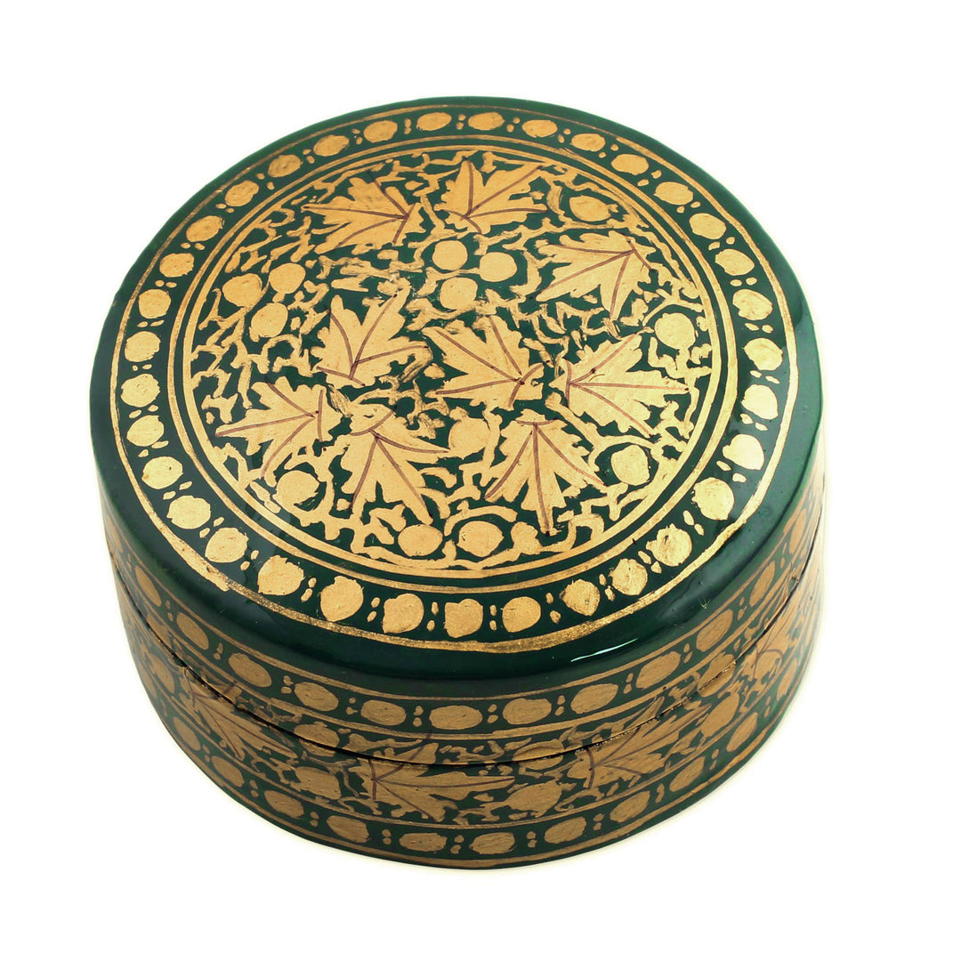 Green and Gold Papier Mache Decorative Box from India - Alluring Viridescence