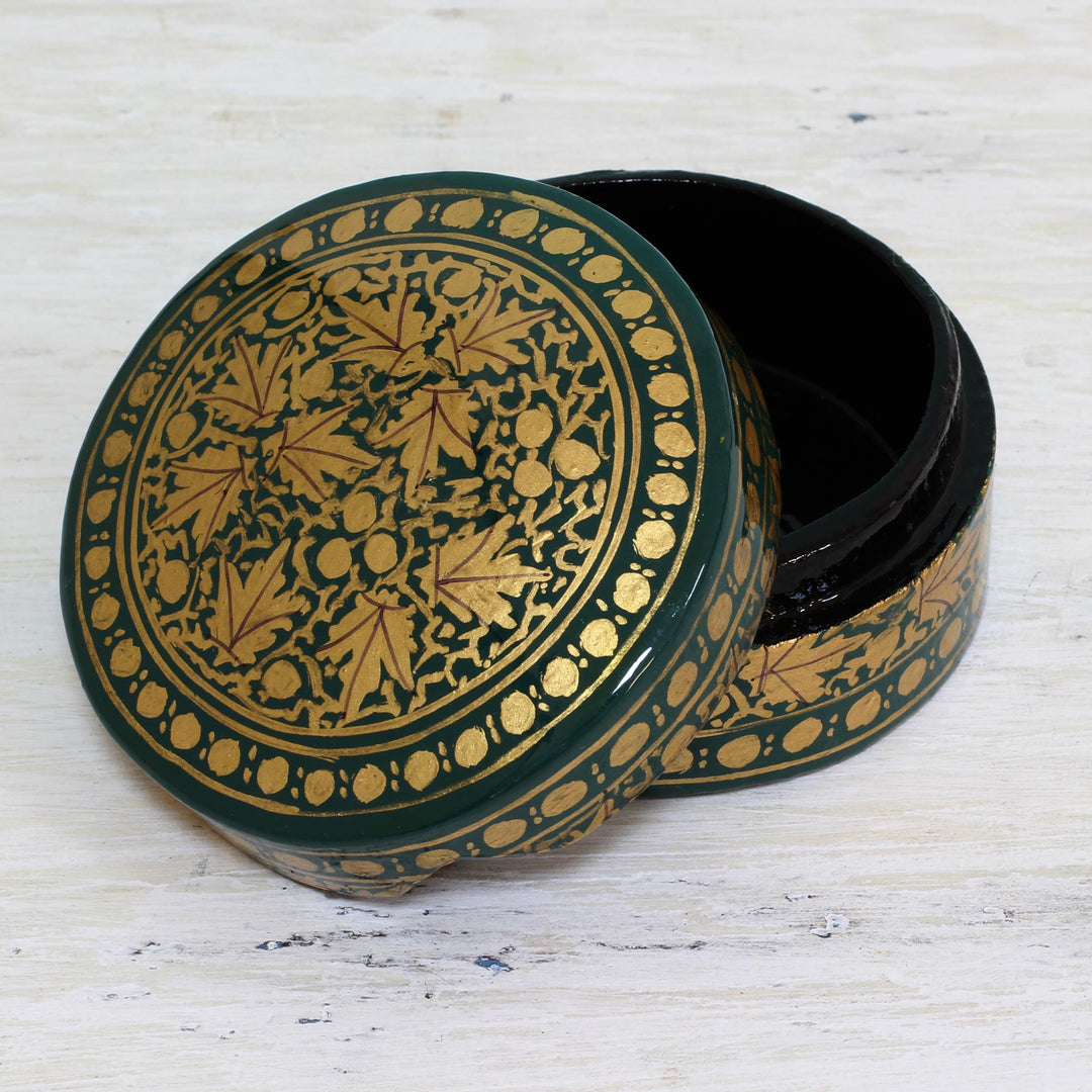 Green and Gold Papier Mache Decorative Box from India - Alluring Viridescence