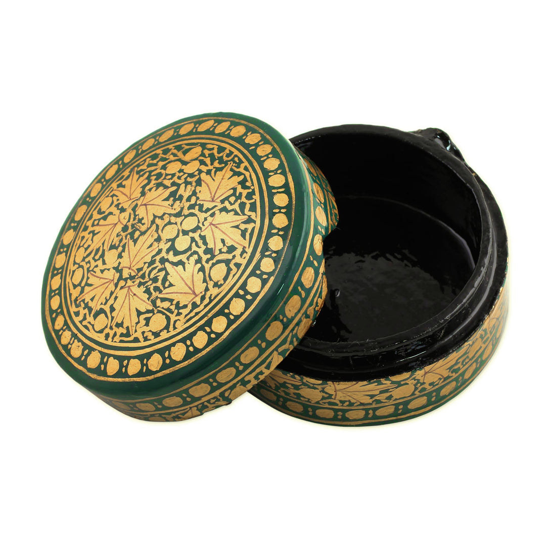 Green and Gold Papier Mache Decorative Box from India - Alluring Viridescence
