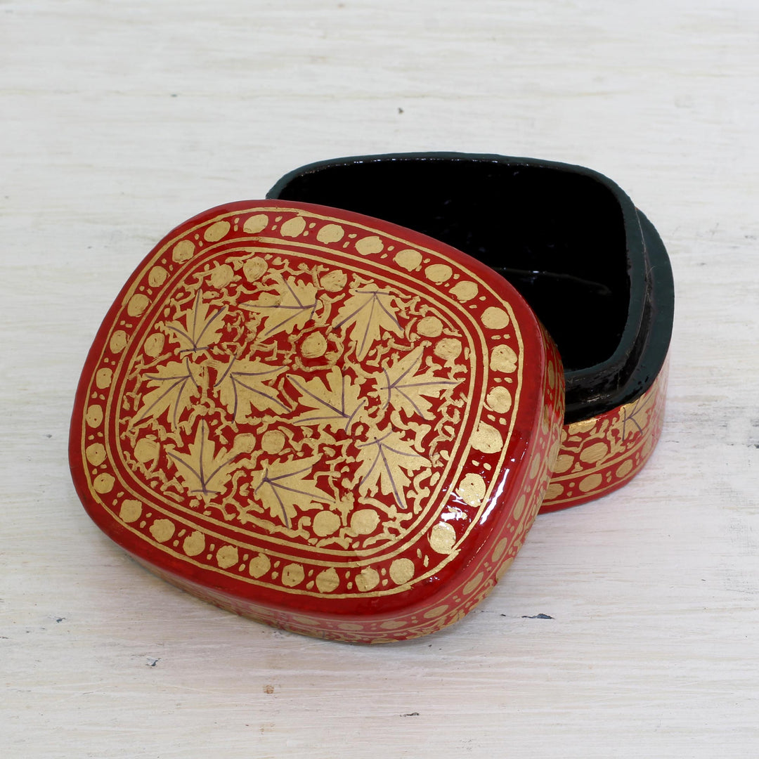 Red and Gold Papier Mache Decorative Box from India - Graceful Vermilion