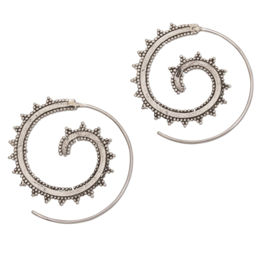Sterling Silver Spiraling Half-Hoop Earrings from Bali - Dotted Spirals