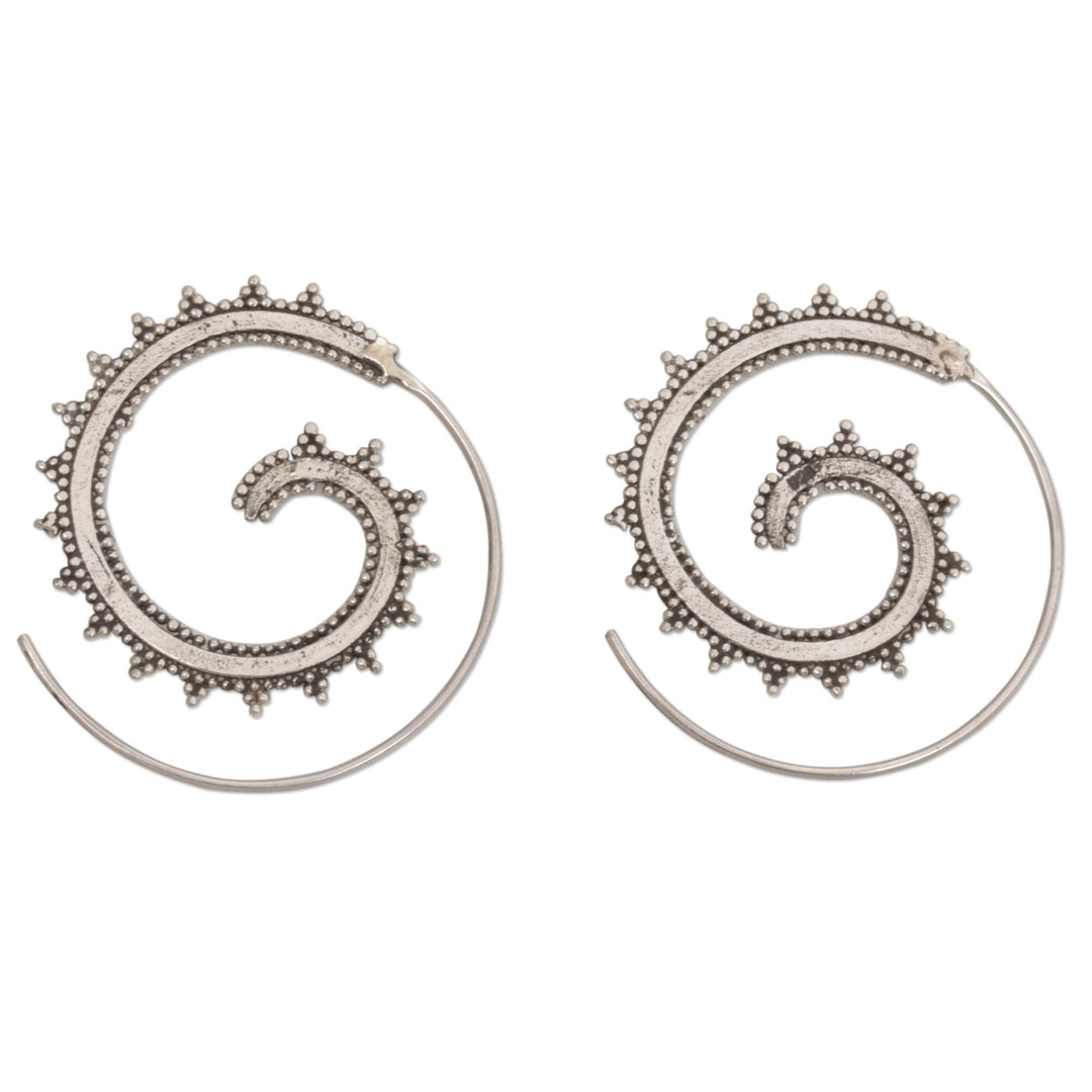 Sterling Silver Spiraling Half-Hoop Earrings from Bali - Dotted Spirals