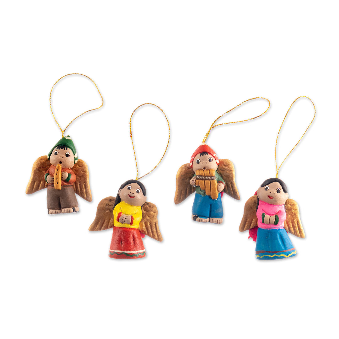 Set of Four Handcrafted Ceramic Angel Ornaments from Peru - Sweet Angels