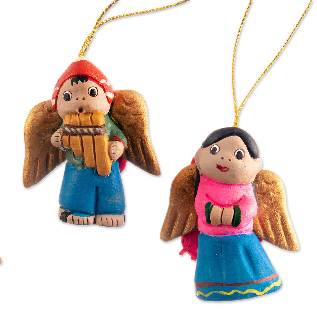 Set of Four Handcrafted Ceramic Angel Ornaments from Peru - Sweet Angels