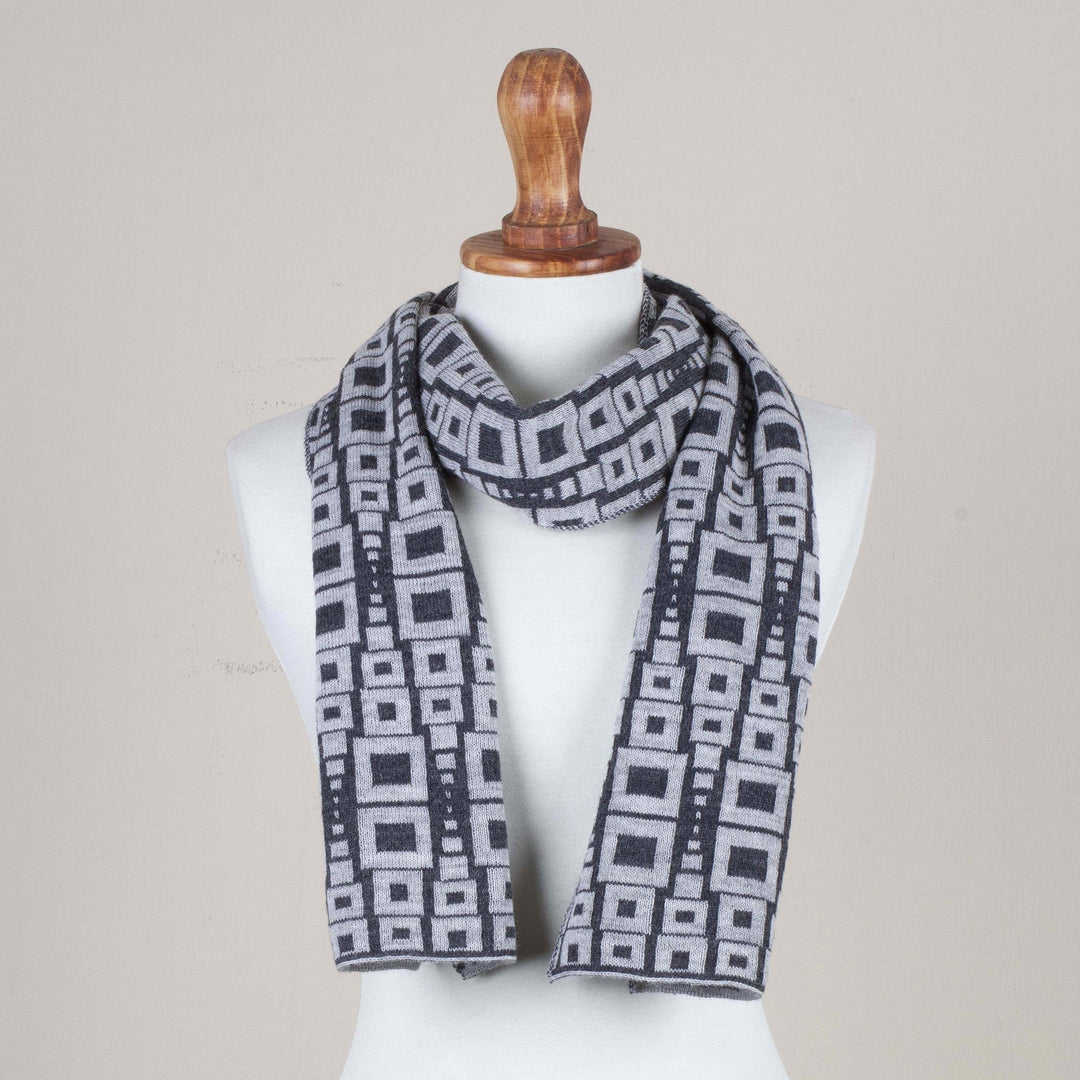 Alpaca Blend Scarf in Pearl Grey and Slate from Peru - Andean Windows in Slate