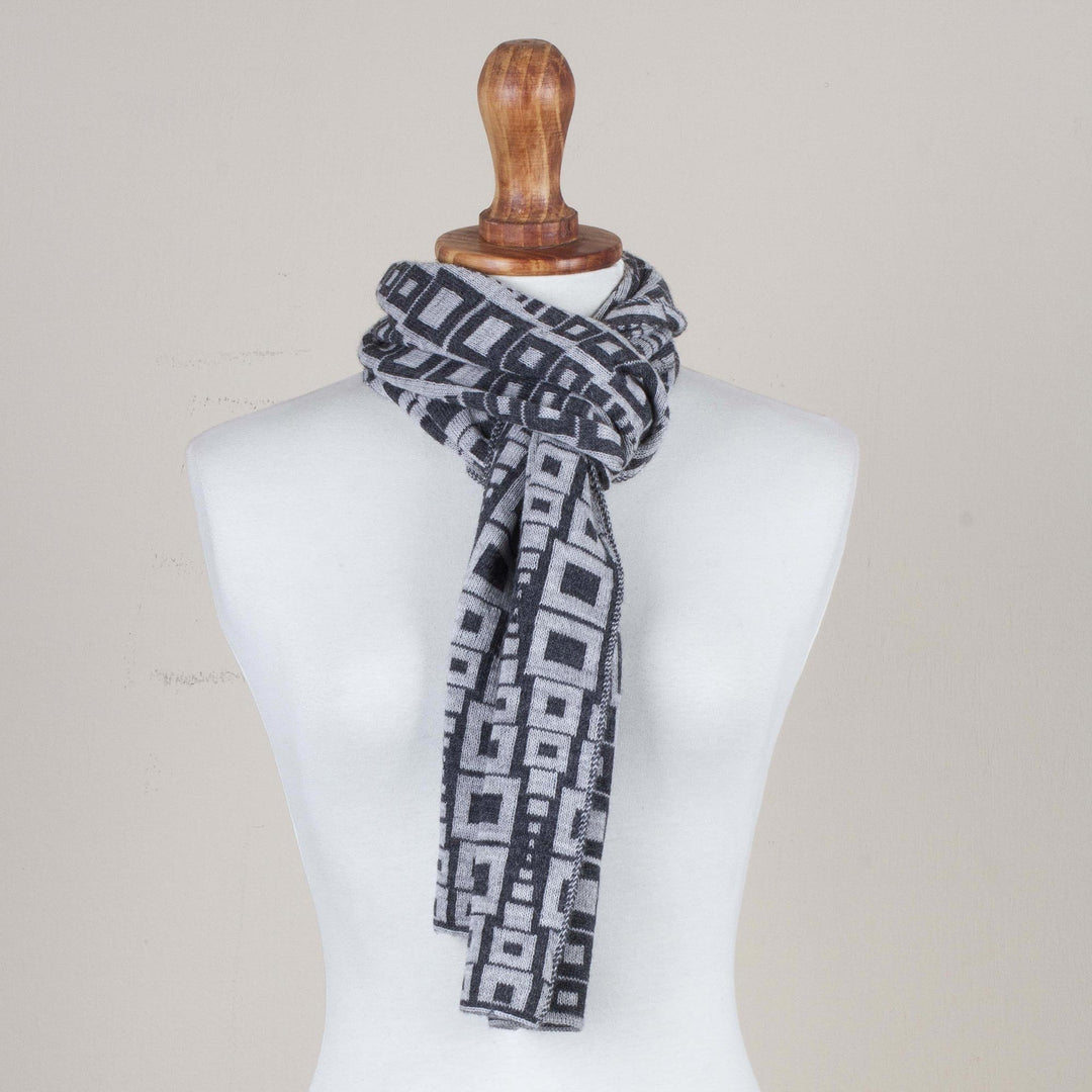 Alpaca Blend Scarf in Pearl Grey and Slate from Peru - Andean Windows in Slate