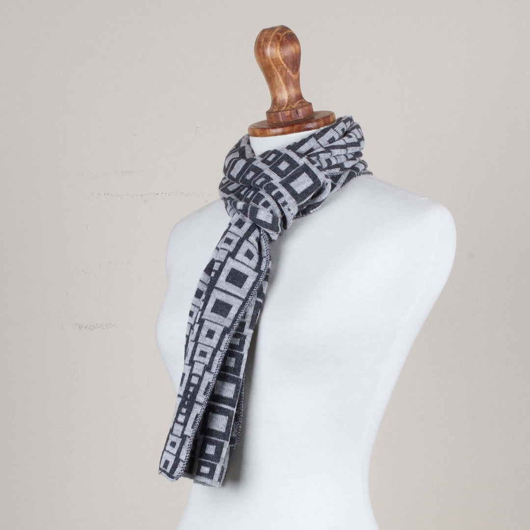 Alpaca Blend Scarf in Pearl Grey and Slate from Peru - Andean Windows in Slate