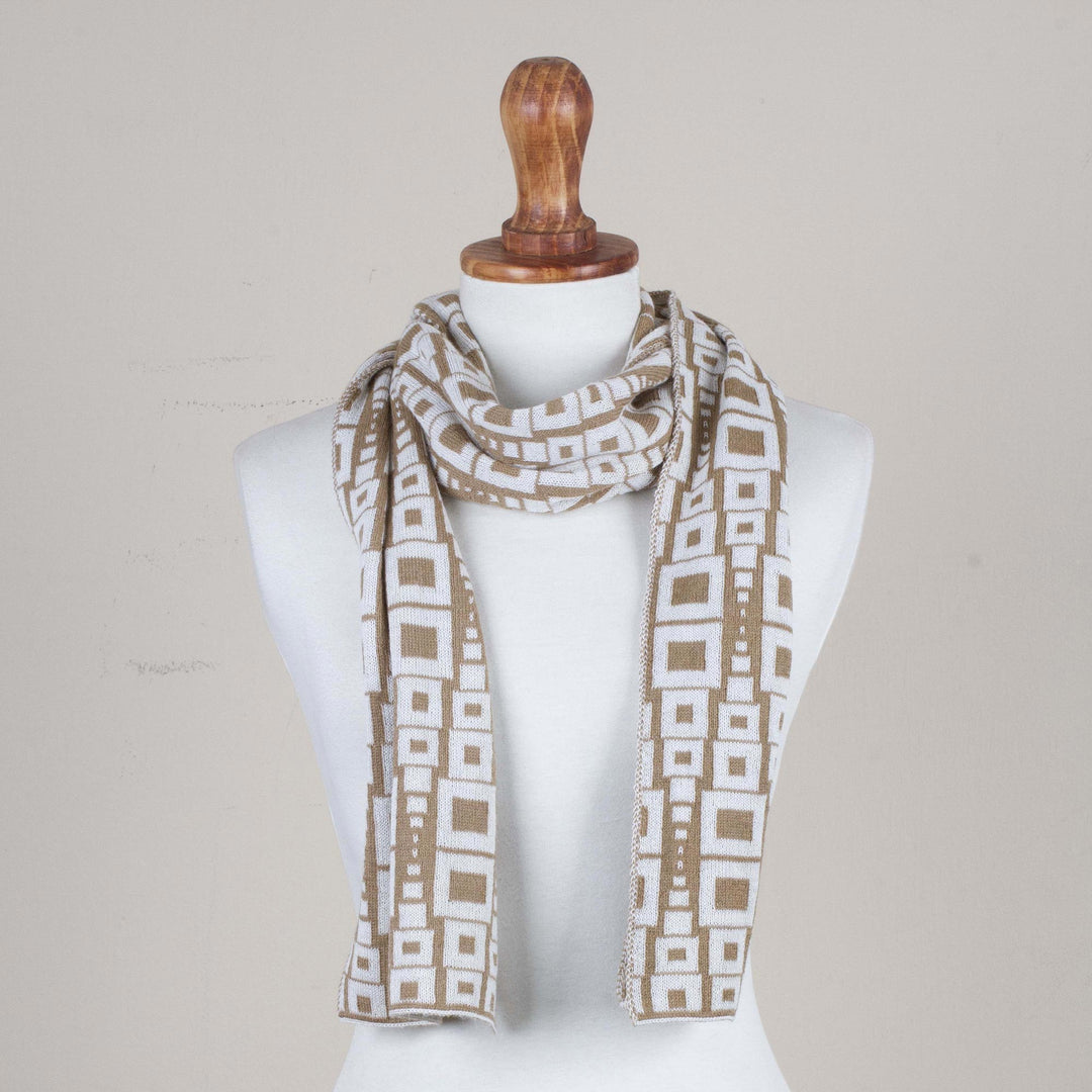 Alpaca Blend Scarf in Golden Brown and Eggshell from Peru - Andean Windows in Golden Brown