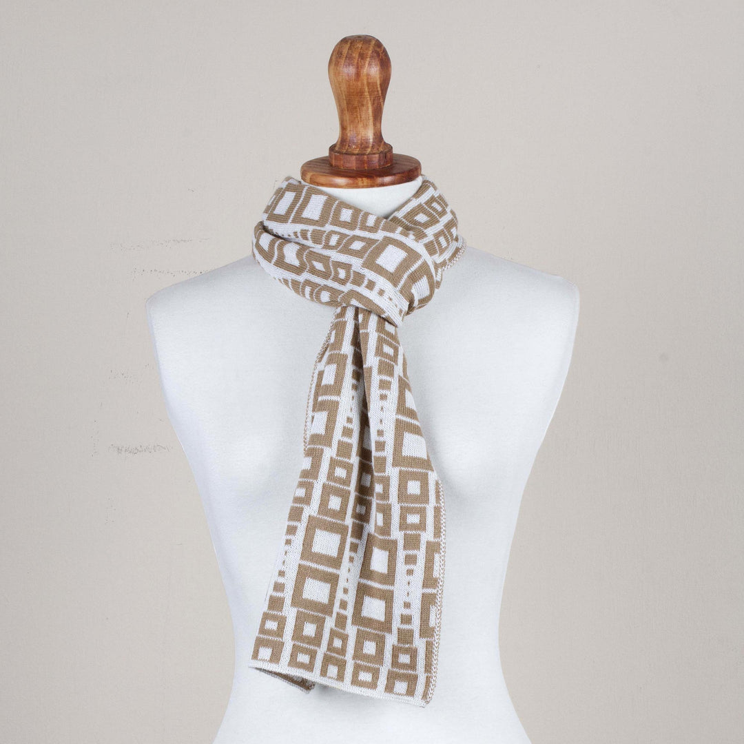 Alpaca Blend Scarf in Golden Brown and Eggshell from Peru - Andean Windows in Golden Brown