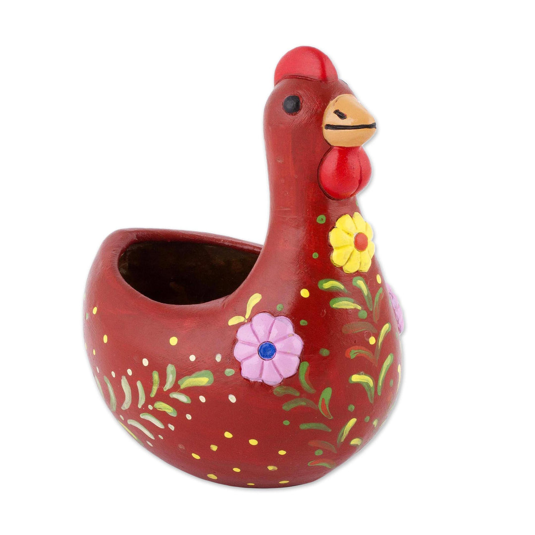 Handcrafted Red Ceramic Chicken Sculpture from Peru - Songs of Dawn