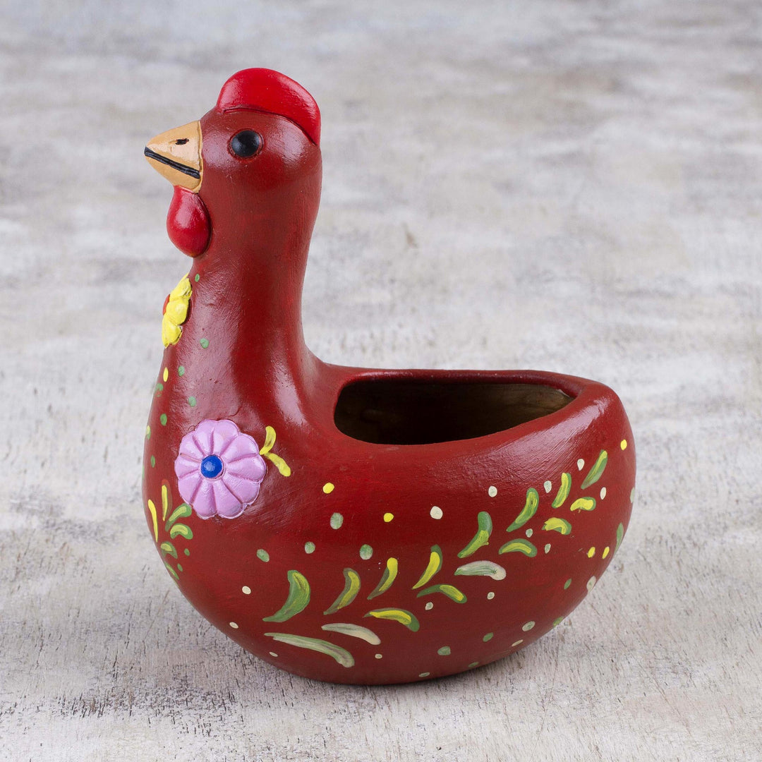 Handcrafted Red Ceramic Chicken Sculpture from Peru - Songs of Dawn