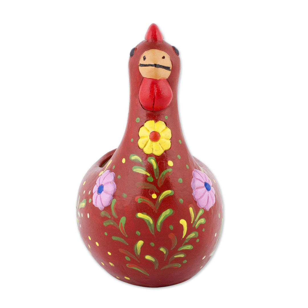 Handcrafted Red Ceramic Chicken Sculpture from Peru - Songs of Dawn